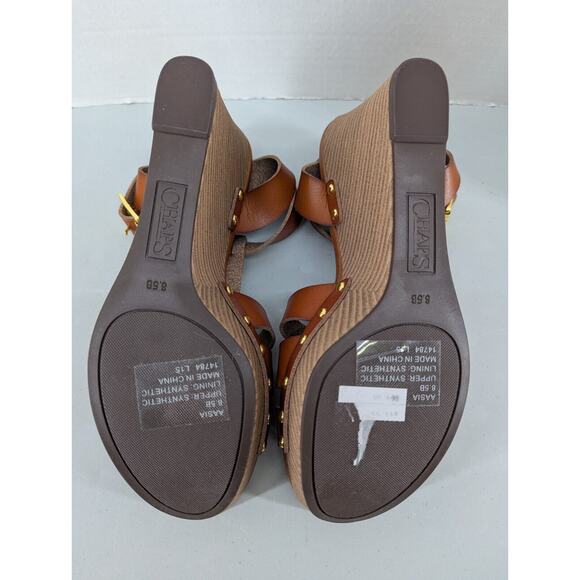 Chaps Brown Leather Ankle Buckle 4in Wedge Sandal w/ Gold Studs Size 8.5 -22508 - Picture 5 of 5